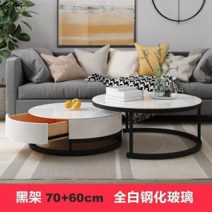 森美人北欧客厅茶几简约现代可抽拉阳台小户型带抽屉圆形钢化玻璃小茶几