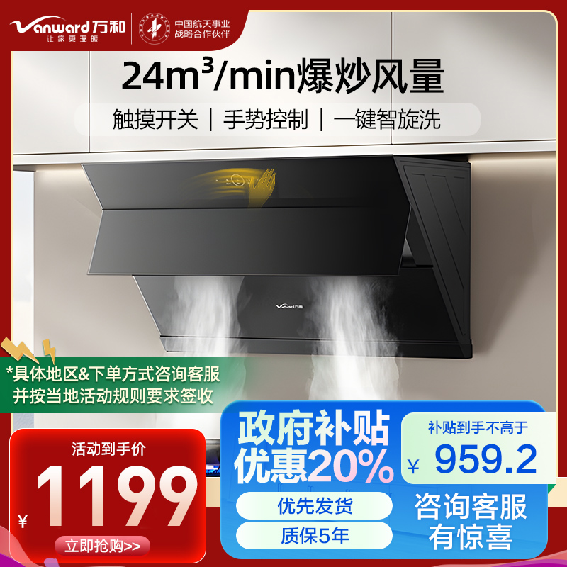 万和[小双翼DJ738 Pro·双腔大吸力]侧吸抽排油烟机24大风量爆炒自清洗一级能效手势控制智旋洗