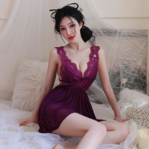 长夜漫漫情趣内裤紫色睡裙韵味性感深v网纱透视蕾丝开叉睡裙1147