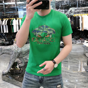 夏季新款男装欧货潮流休闲百搭圆领T恤丝光棉烫钻短袖男直播