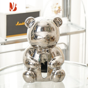 三维工匠奶油风暴力熊陶瓷纸巾盒客厅餐桌餐巾纸抽纸盒桌面摆件装饰品 银色小熊纸巾盒