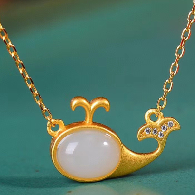 舞玉乘风古法银镶和田玉小海豚自生链吊坠默认颜色