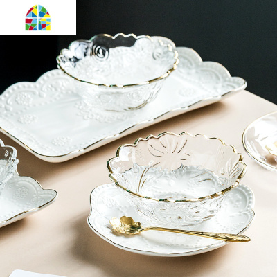 日式金边水晶玻璃碗 燕窝碗碟糖水碗银耳汤碗盅雪糕沙拉碗甜品碗 FENGHOU A款+长盘送勺