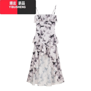 YIBUSHENG蝴蝶印花吊带连衣裙女季复古辣妹收腰a字裙子荷叶边不规则长裙
