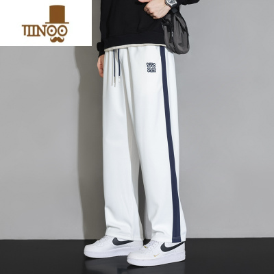 YANXU条纹潮牌男士休闲裤运动新款2023百搭直筒拖地抽绳男生裤子