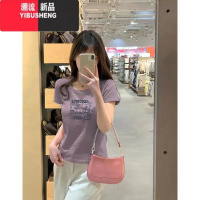 YIBUSHENG紫色正肩短袖t恤女装2024季新款修身洋气减龄港风chic上衣