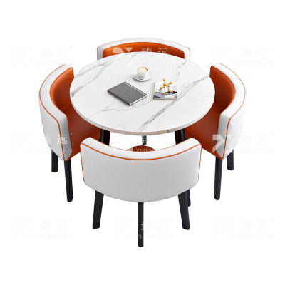 臻远 ZY4100936 简约接待桌椅洽谈桌椅 一桌四椅 白石根圆橙白皮椅