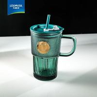 乐唯诗 墨绿色原色印章带把高颜值带盖带吸管玻璃水杯—410ml