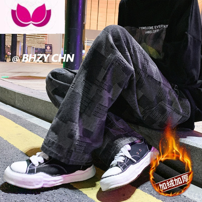 七斓格子牛仔裤男款潮牌痞帅大码宽松直筒阔腿裤春季美式高街vibe裤子