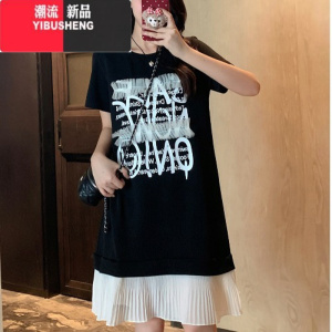 YIBUSHENG大码女装202年季新款裙子胖mm遮肚藏肉休闲宽松简单大方连衣裙