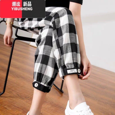 YIBUSHENG黑白格子裤女宽松裤子休闲裤女2024春季新薄款九分裤哈伦裤