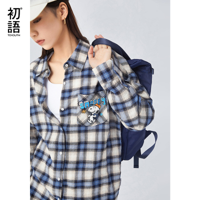 初语史努比印花格子衬衫新款复古港味中长款宽松纯棉衬衣叠穿女潮