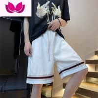 七斓织带横条纹短裤男夏季ins潮流外穿休闲运动裤男宽松直筒五分裤子