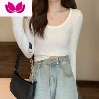 七斓韩版长袖t恤女2023低领u领螺纹棉正肩紧身百搭U领打底上衣女