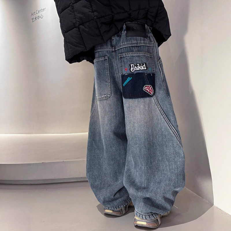 男童直筒牛仔裤秋冬款新款大儿童装冬季一体加绒加厚裤子冬装