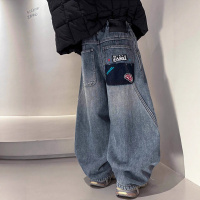 男童直筒牛仔裤秋冬款新款大儿童装冬季一体加绒加厚裤子冬装