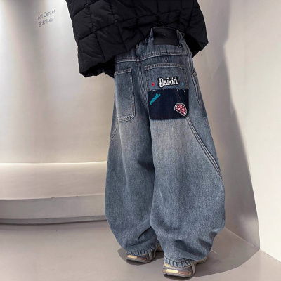 男童直筒牛仔裤秋冬款新款大儿童装冬季一体加绒加厚裤子冬装