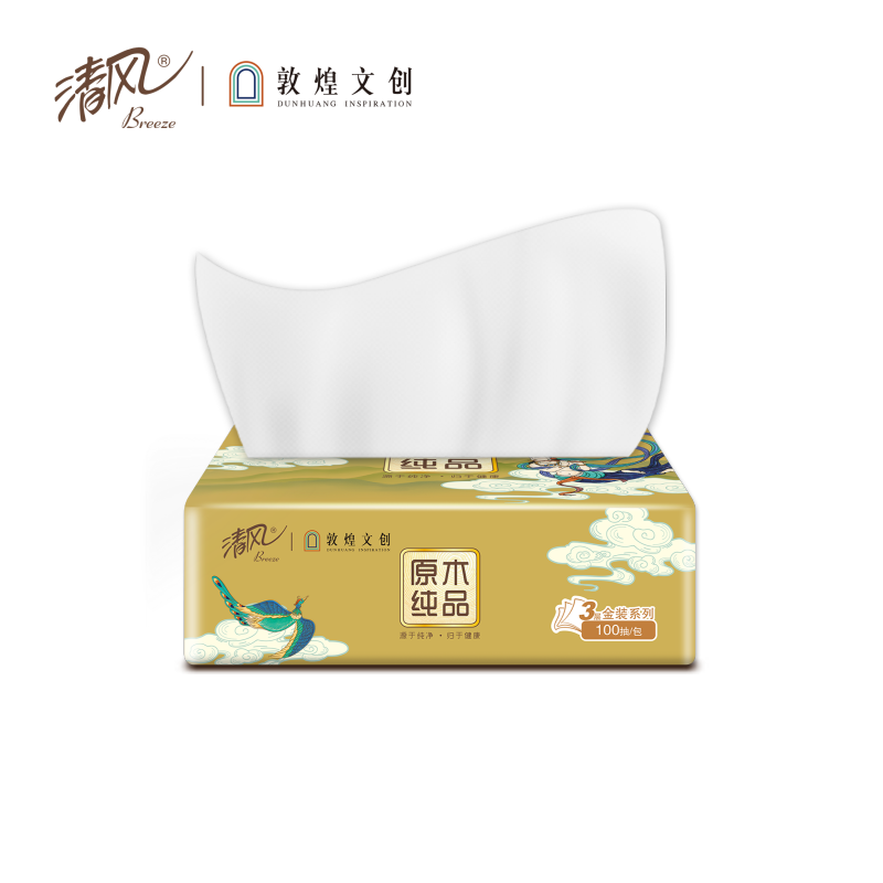 清风敦煌文创 原木纯品系列3层100抽6包*4提一箱24包中规格家用抽取方便卫生纸盒