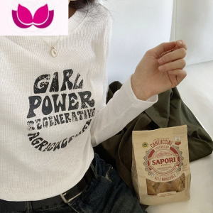 七斓坑条螺纹ins风甜酷印花圆领T恤打底衫2023新款长袖女内搭上衣