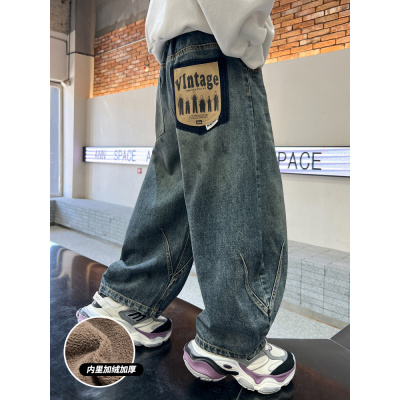 男童加绒牛仔裤新款秋冬款一体绒裤子中大儿童加厚冬季保暖潮