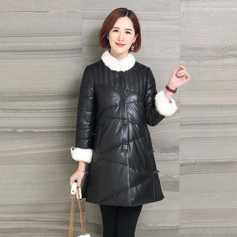 韩版水貂毛领真皮羽绒服女中长款绵羊皮皮衣大码外套修身黑色CYDDWQE