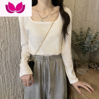 七斓小个子方领短款T恤女装2023春季新款内搭宽松长袖白色打底衫上衣