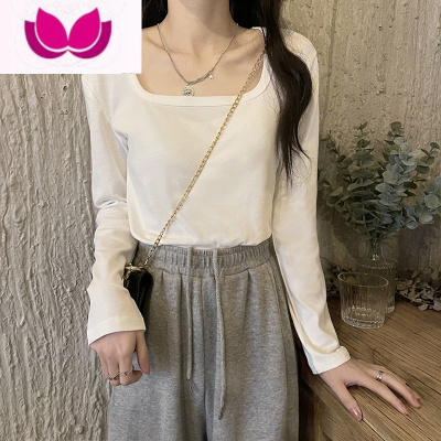 七斓小个子方领短款T恤女装2023春季新款内搭宽松长袖白色打底衫上衣