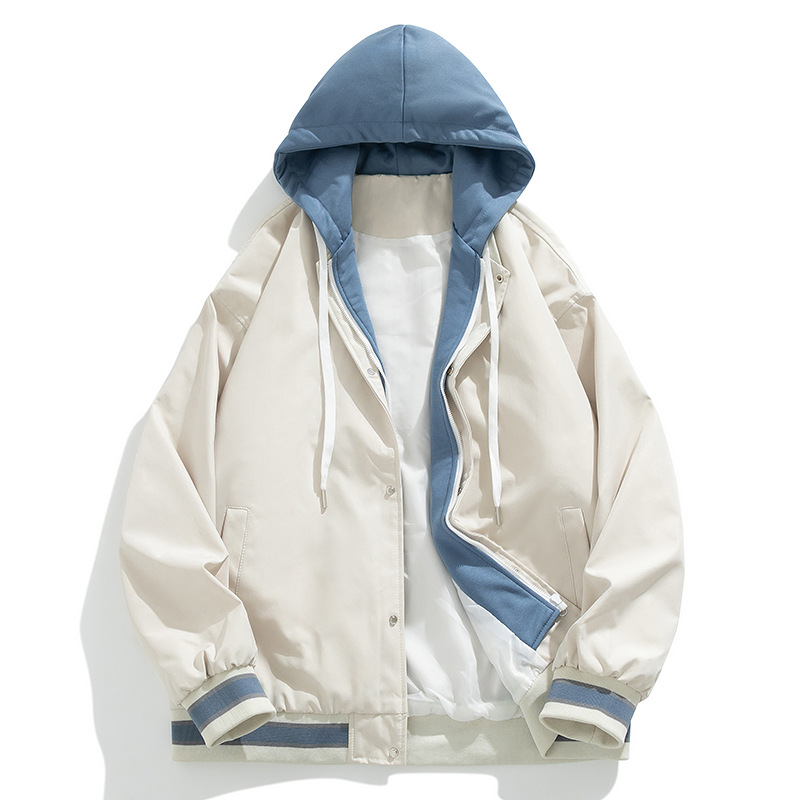 春秋季新款时尚夹克男连帽潮牌假两件青少年休闲百搭情侣撞色外套