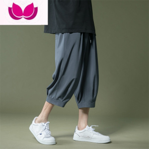 七斓七分裤男冰丝夏季薄款休闲短裤子潮牌透气运动垂感小西裤直筒男裤