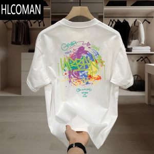 HLCOMAN潮牌涂鸦印花圆领短袖男装宽松休闲百搭外穿白色T恤男士