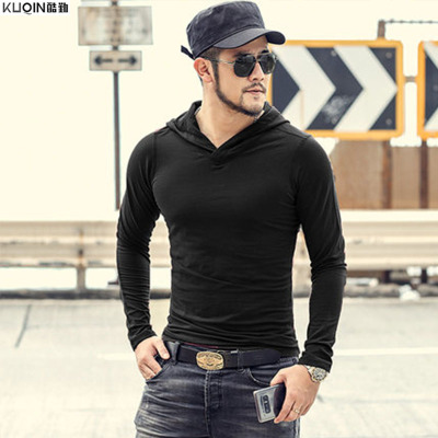 酷勤男装纯色修身连帽卫衣潮男纯棉弹力帽帽子长袖
