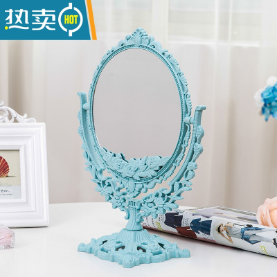 敬平简约欧式美容镜 台式化妆镜双面梳妆镜子便携公主镜化妆镜折叠便携式用镜 圆形大号纳米蓝(平面+放大面)
