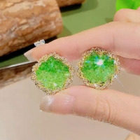春夏季小清新渐变绿色方形水晶耳环2025新款简约韩版时尚百搭耳饰