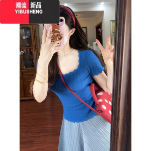 YIBUSHENG2024新款蓝色方领短袖t恤女季高级感名媛气质独特休闲百搭上衣