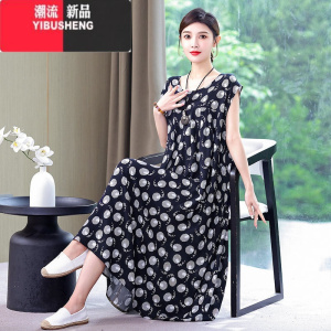 YIBUSHENG2024年新款季中老年妈妈装棉绸连衣裙女长款加肥加大码宽松裙子
