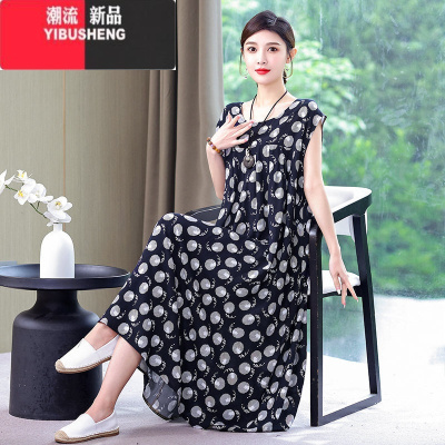 YIBUSHENG2024年新款季中老年妈妈装棉绸连衣裙女长款加肥加大码宽松裙子