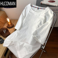 HLCOMAN棉麻短袖t恤男夏季新款半袖加肥加大码胖子宽松纯色打底衫潮体恤