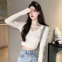 春夏短款修身露脐打底衫女深u领性感长袖T恤女纯色上衣女韩国女装