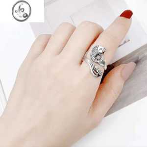 JiMi复古泰银波花鲤鱼戒指女民族风创意年年有鱼戒指开口指环时尚个性 均色