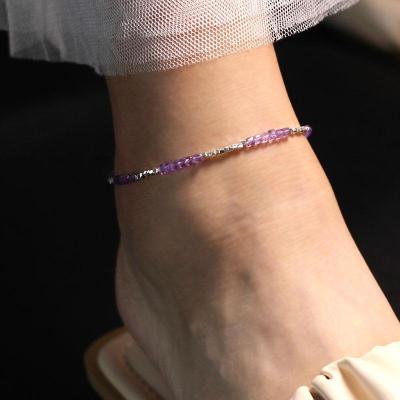纯银简约女款轻奢紫罗兰色乌拉圭天然冰透方珠紫水晶方银珠脚链送女朋友老婆情人节七夕生日礼物