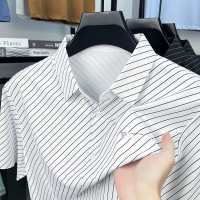 无痕高弹短袖衬衫男夏季新款商务休闲条纹薄款翻领印花中年衬衣男