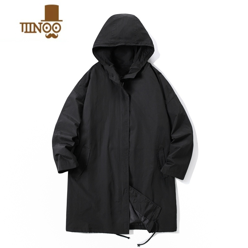 YANXU连帽风衣外套男中长款日式复古潮流百搭宽松大码胖子加肥加大