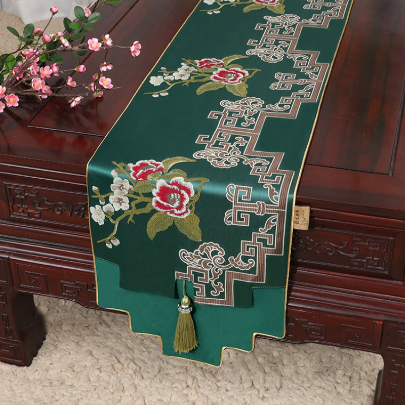 新中式古典玉桌旗茶几长条布艺中国风桌布床柜旗电视柜盖布 绿牡丹阁 34*250适合桌长190-200CM