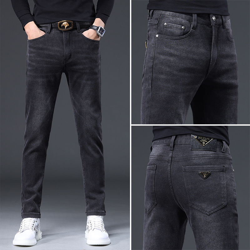 轻奢欧货春秋季黑灰色牛仔裤男修身小脚潮流弹力休闲长裤子男