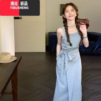 YIBUSHENG法式慵懒无袖吊带连衣裙2024新款女季休闲气质绑带背心裙子长裙