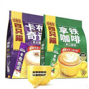 四只猫(卡布奇诺+拿铁咖啡)各30条 速溶三合一咖啡 附赠黄白咖啡杯