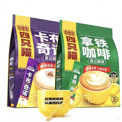 四只猫(卡布奇诺+拿铁咖啡)各30条 速溶三合一咖啡 附赠黄白咖啡杯