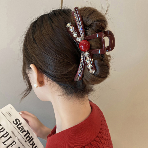 安可拉红色蝴蝶结水钻珍珠抓夹女秋冬季精致盘发鲨鱼发夹头饰发抓送女朋友老婆情人节七夕生日礼物