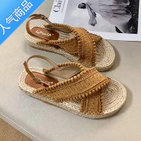 SUNTEK厚底编织渔夫凉鞋女2023年新款夏季平底复古气质小众法式罗马夏鞋