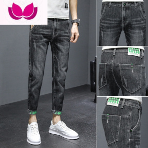 七斓9分牛仔裤男黑色夏季薄款修身小脚潮牌水洗新款休闲百搭弹力九分